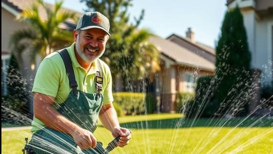 Lawn care pro adjusting sprinklers on a sunny day in an elite neighborhood.
